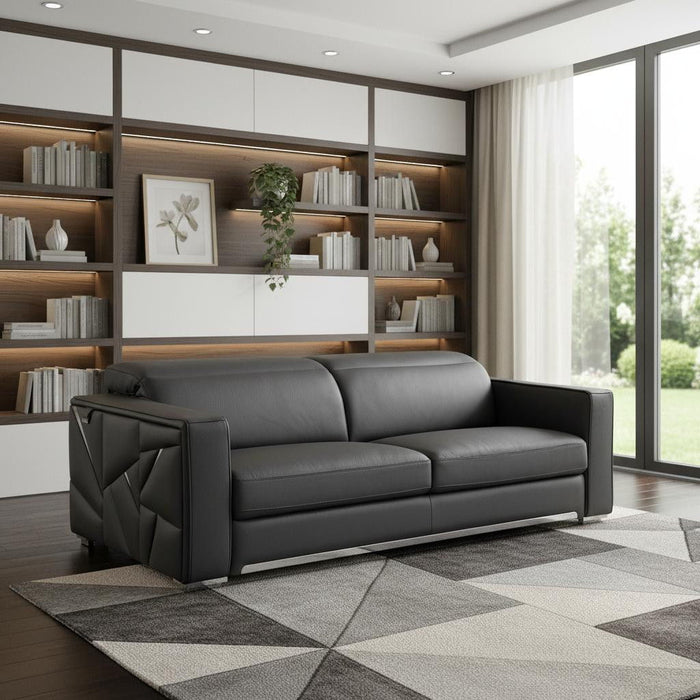 Top Grain Leather Reclining Solid Wood Sofa - Dark Gray