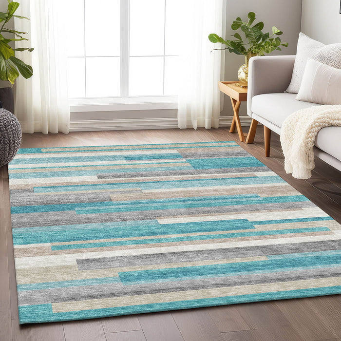 10' X 14' Striped Washable Area Rug With UV Protection - Teal