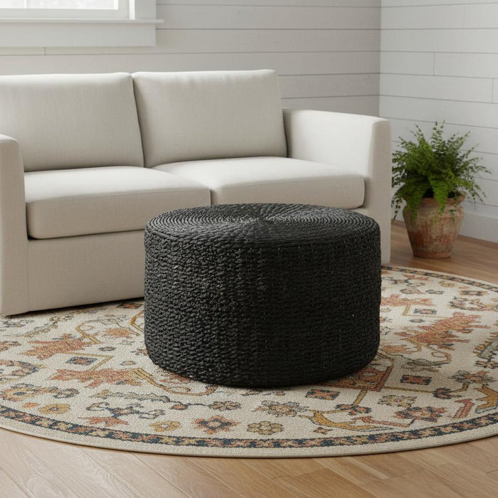 30" Water Hyacinth Round Pouf Ottoman - Black