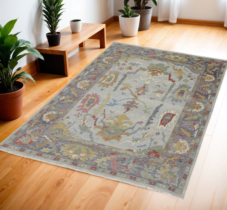 4' X 6' Wool Oriental Hand Knotted Area Rug With Fringe - Gray And Gold