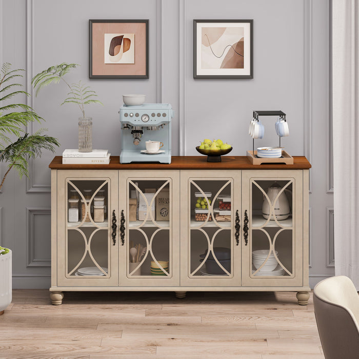 Giga elegant 4-door sideboard with tempered glass doors, showcasing a stylish wooden cabinet with modern design and storage space.