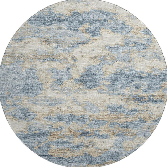 8' Abstract Washable Round Rug With UV Protection - Blue And Gold