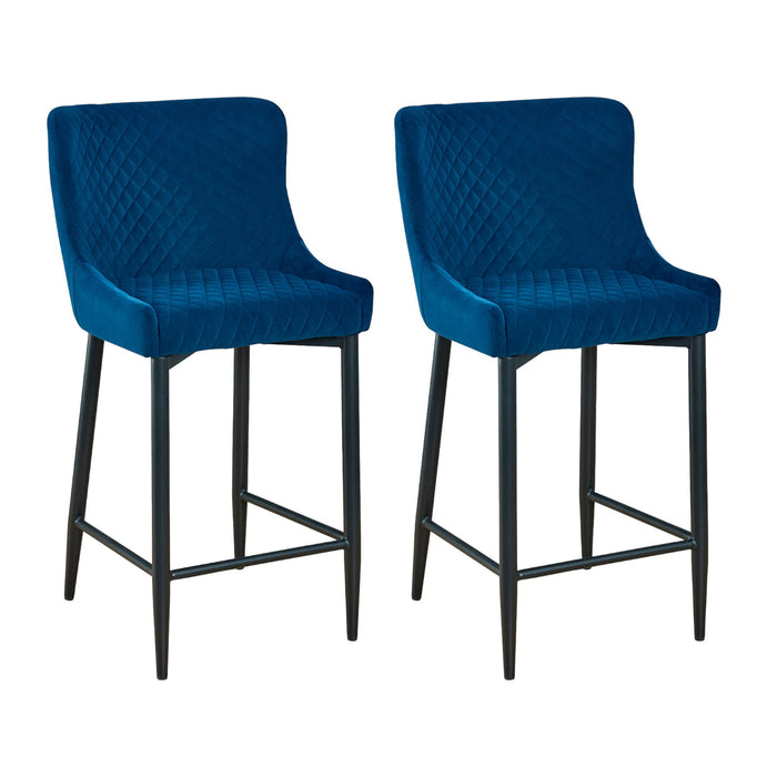 30" Velvet And Metal Low Back Bar Height Bar Chairs (Set of 2) - Blue / Black