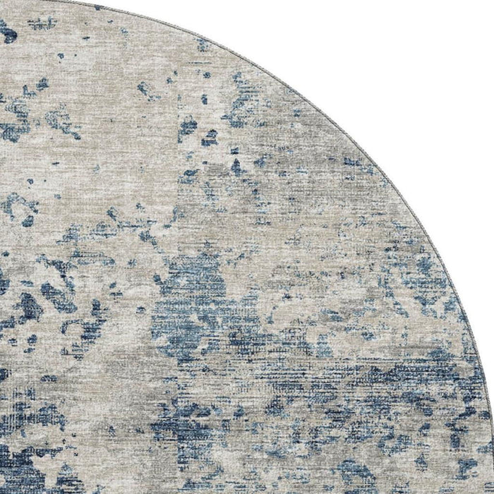 8' Transitional Abstract Washable Round Rug With UV Protection - Blue And Ivory