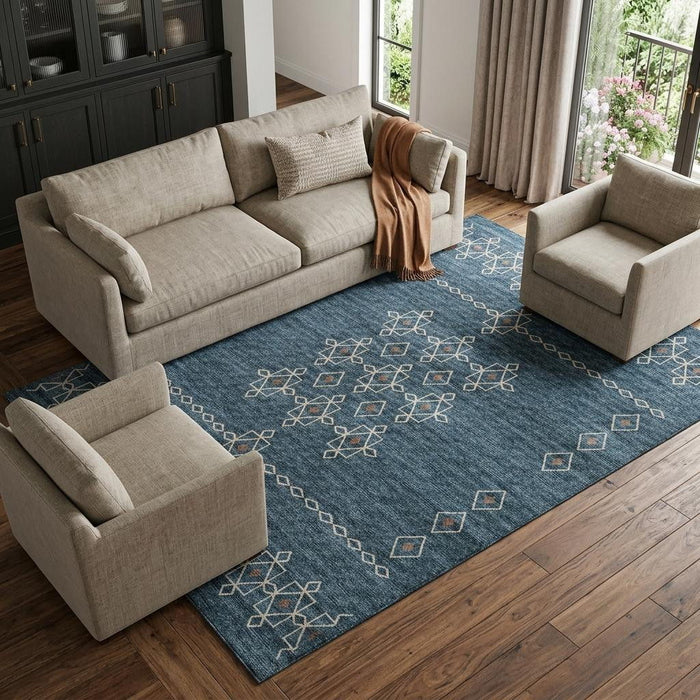10' X 14' Tribal Washable Area Rug With UV Protection (644808) - Blue / Rust / Ivory