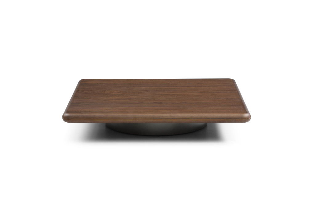 Brown and silver wood and stainless steel square pedestal coffee table with modern design from HomeRoots.
