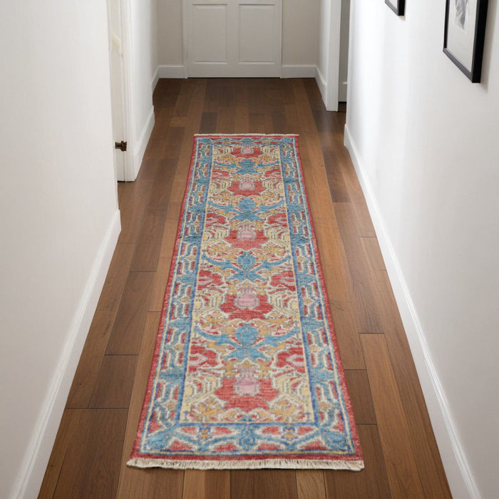 8' Wool Oriental Hand Knotted Runner Rug - Blue Red And Yellow