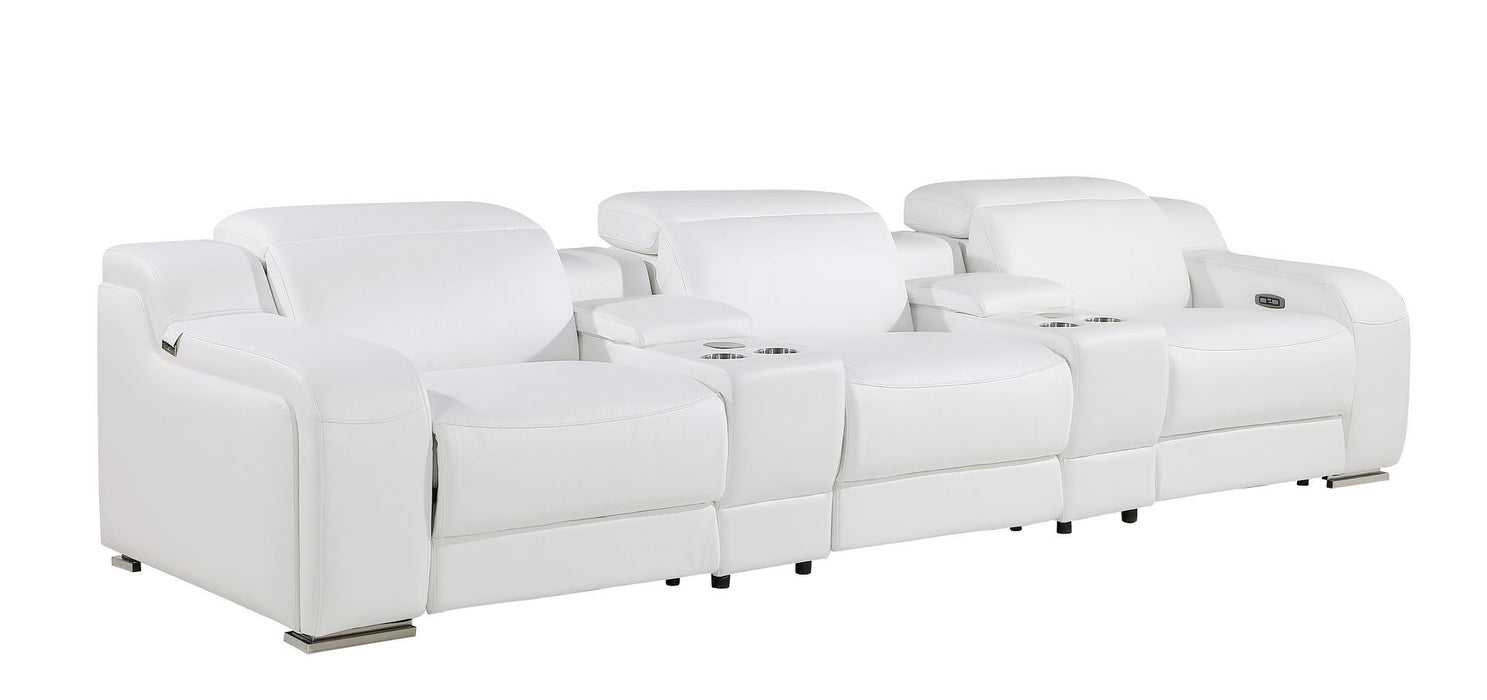 129" Reclining USB Reclining Sofa With Silver Legs - White