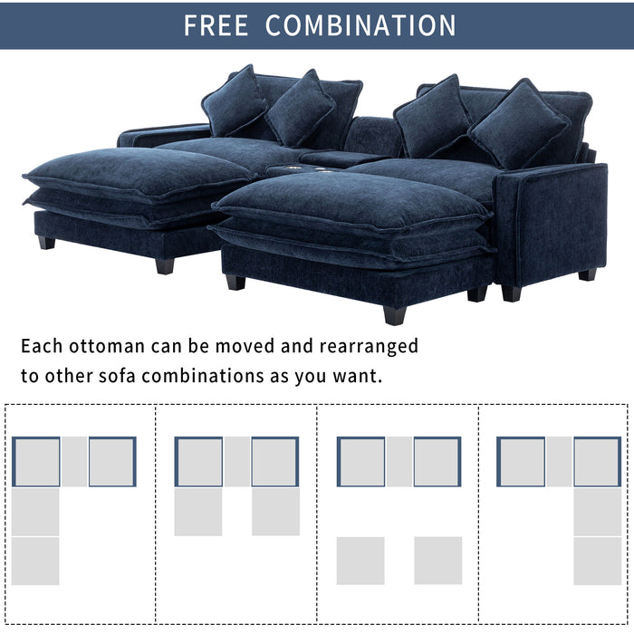 Sectional Sofa Upholstered Sofa With Two Removable Ottoman, Two USB Ports, Two Cup Holders And Large Storage Box For Living Room