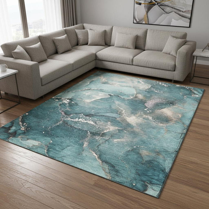 8' X 10' Abstract Washable Area Rug With UV Protection (647252) - Teal / Ivory