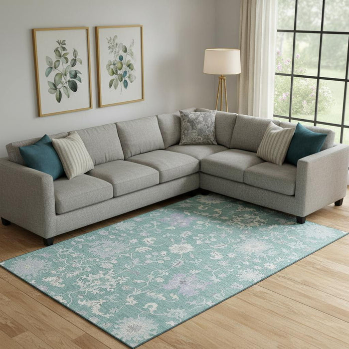 10' X 14' Floral Washable Area Rug With UV Protection (705923) - Pale Aqua / Ivory