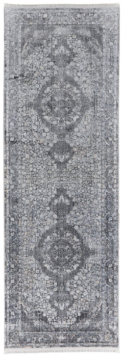 8' Oriental Power Loom Worn Faded Runner Rug - Silver And Gray
