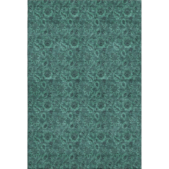 10' X 14' Floral Washable Area Rug With UV Protection (655096) - Teal / Charcoal