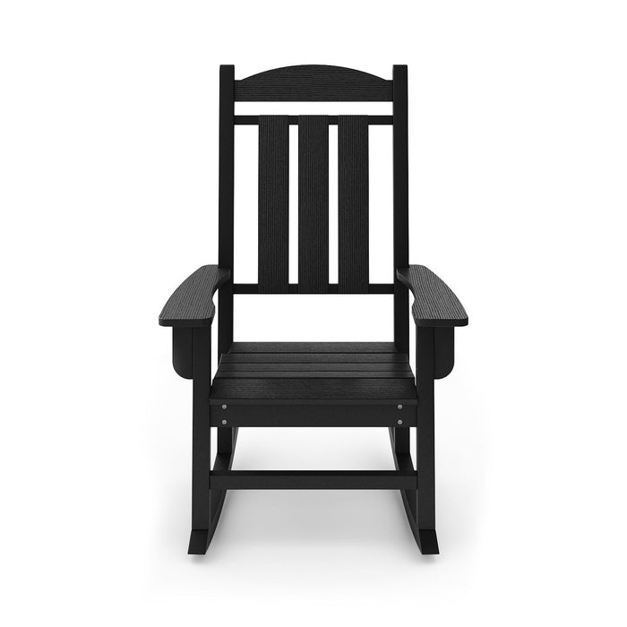 Giga traditional porch rocker chair made of HDPE poly lumber, designed for porch, patio, and garden comfort with curved armrests.