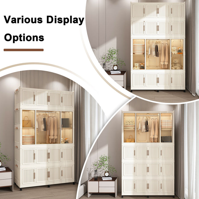 Creamy white Giga portable wardrobe closet with 17 magnetic doors, cube storage, hanging rod, and six hangers inside.