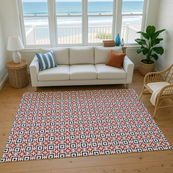 10' X 14' Geometric Washable Area Rug With UV Protection - Red