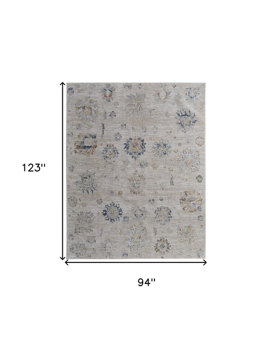 7.8' x 10.3' Floral Power Loom Worn Faded Area Rug With Fringe - Ivory Taupe And Blue