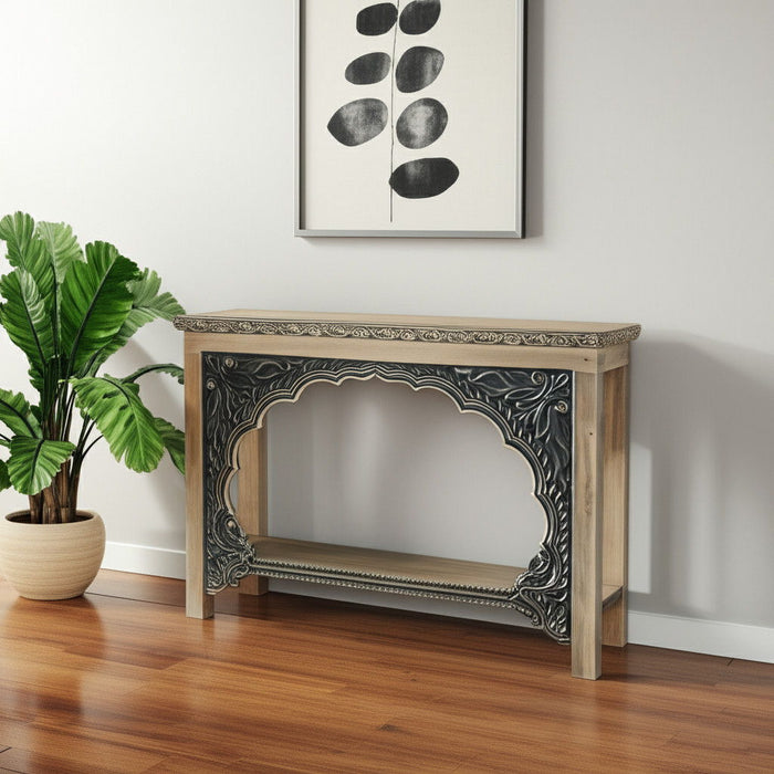 56" Solid Wood Distressed Console Table With Shelf - Black And Natural