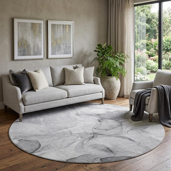 8' Abstract Washable Round Rug With UV Protection (646713) - Gray / Ivory