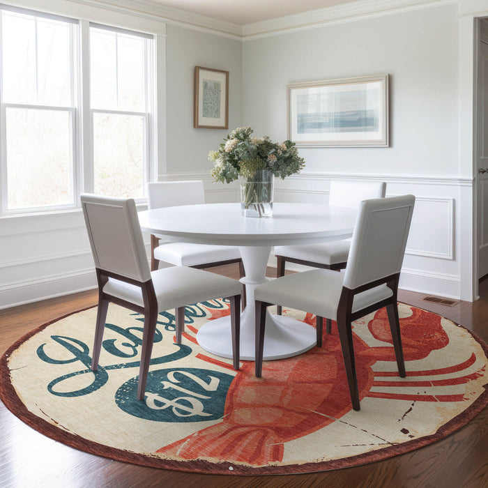 8' Nautical Washable Round Rug With UV Protection - Beige