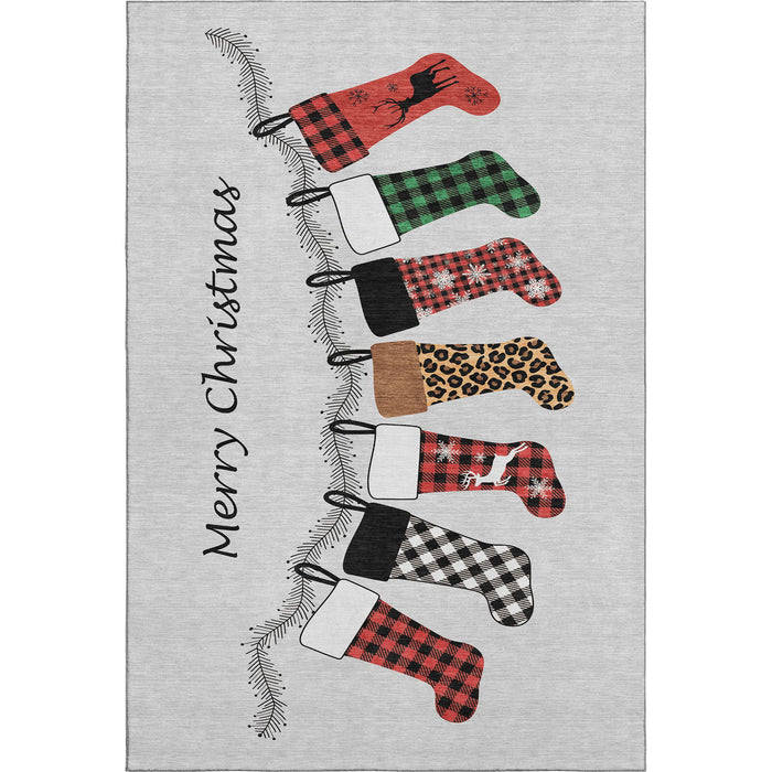 10' X 14' Christmas Stockings Washable Area Rug With UV Protection (646433) - Gray / Red / Green