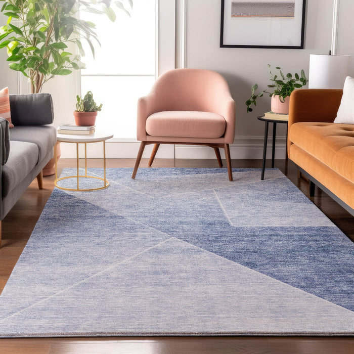 9' X 12' Geometric Washable Area Rug With UV Protection - Blue And Ivory