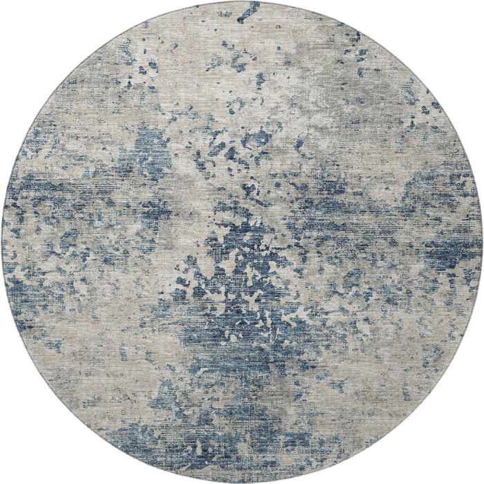 8' Transitional Abstract Washable Round Rug With UV Protection - Blue And Ivory