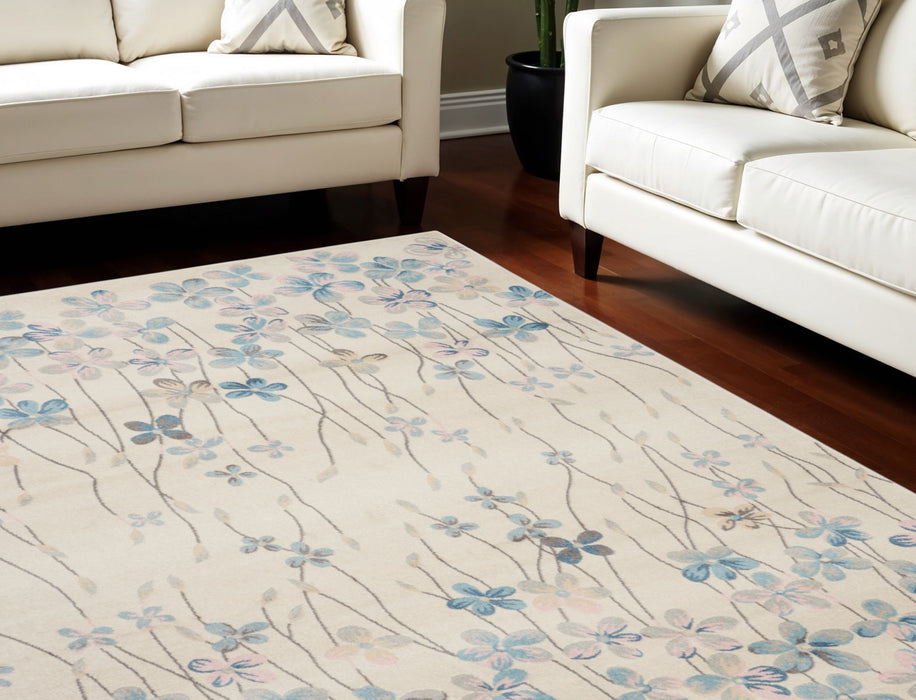 9' X 12' Floral Contemporary Area Rug - Ivory And Blue