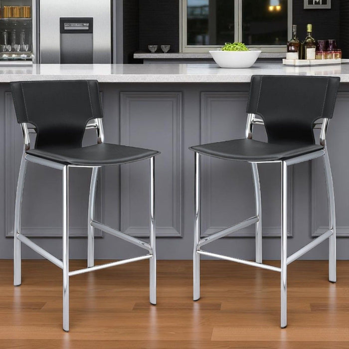 29" Metal And Faux Leather Low Back Bar Height Bar Chairs (Set of 2) - Black