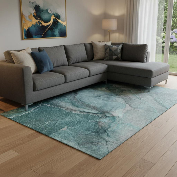 10' X 14' Abstract Washable Area Rug With UV Protection (647434) - Teal / Gray / Ivory
