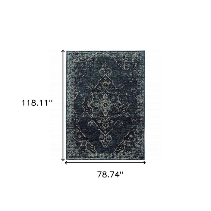 7' x 10' Oriental Power Loom Area Rug - Blue And Black