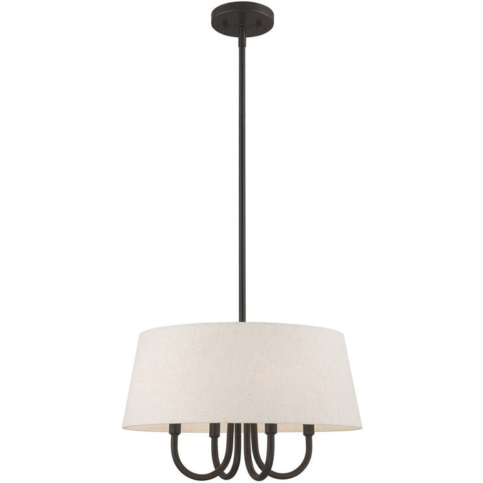 20-inch bronze metal chandelier with four cream shades, dimmable lighting, designed by HomeRoots, suitable for elegant interior decor.