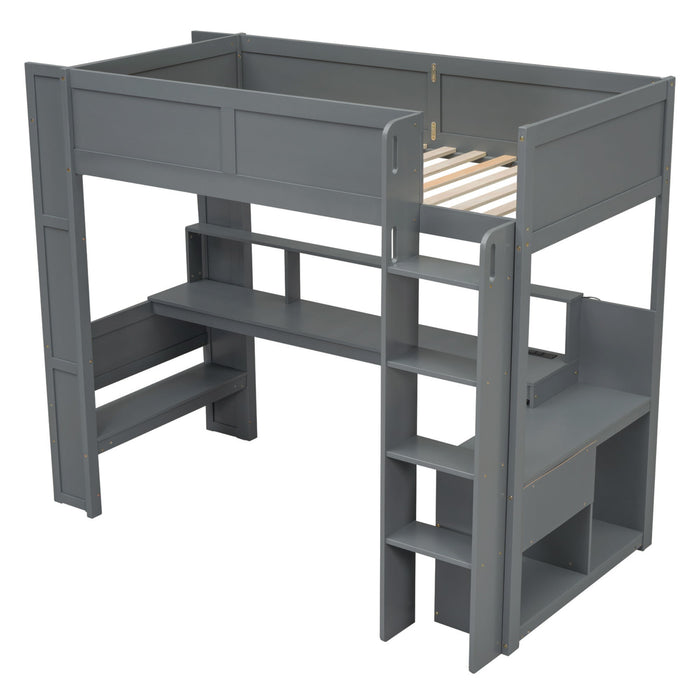 Gaming Loft Bed With Desk, Multi Storage Shelves, LED And Charging Station