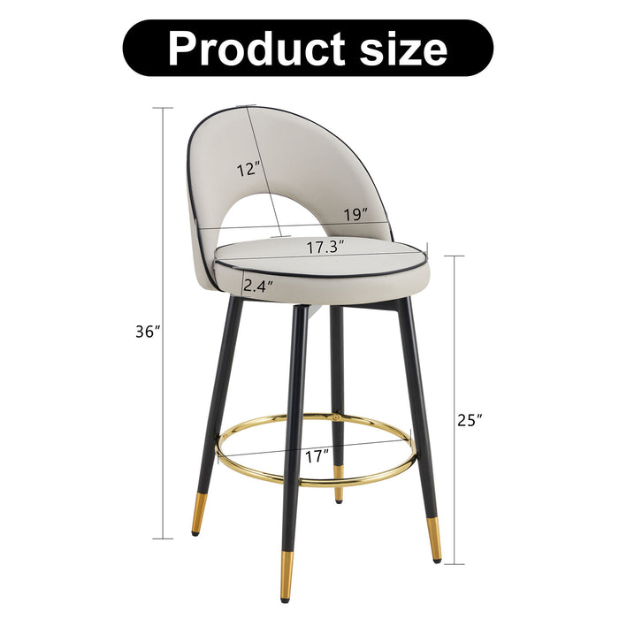 Set of 2 Giga modern upholstered bar stools with 360° swivel, metal legs, ideal for dining room seating.