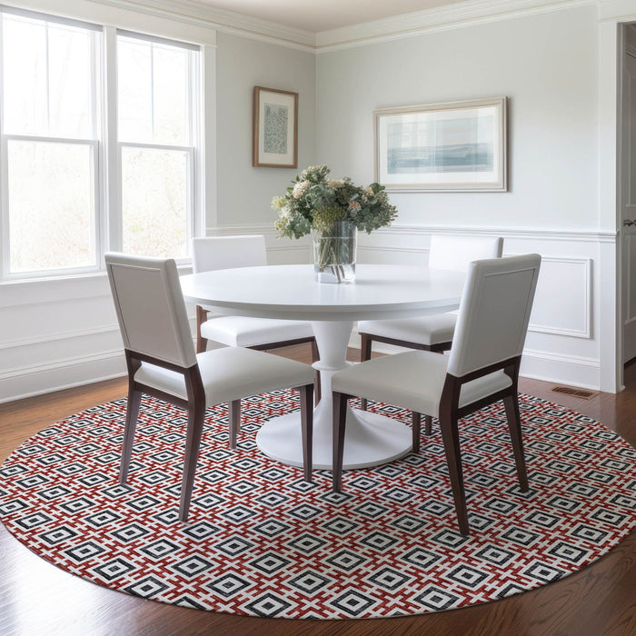 8' Geometric Washable Round Rug With UV Protection - Red