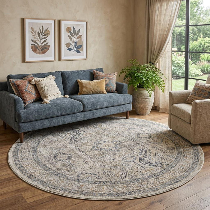 8' Medallion Distressed Round Rug With Fringe (546587) - Ivory / Gray
