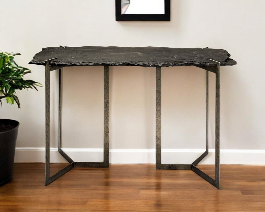 Distressed Double Pedestal Console Table - Black And Nickel Slate