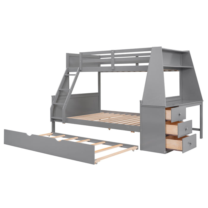 Giga bunk bed with trundle, built-in desk, three storage drawers, and a shelf for kids' bedroom organization.