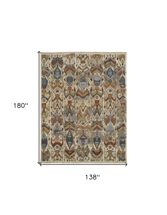 12' x 15' Wool Ikat Hand Knotted Area Rug With Fringe - Ivory Blue And Brown