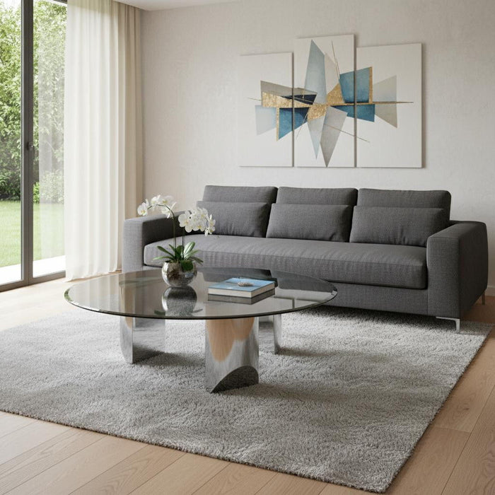 Glass Stainless Steel Round Coffee Table - Black / Silver