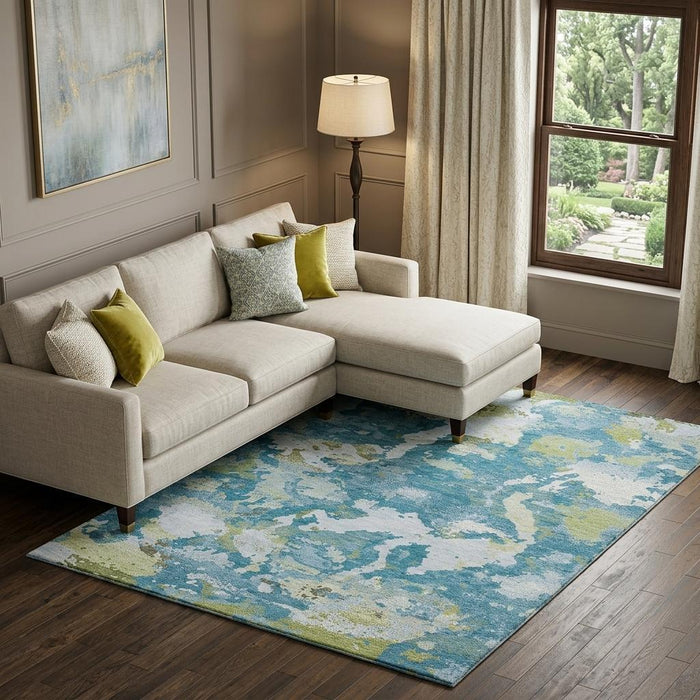 10' X 14' Abstract Washable Area Rug With UV Protection (693342) - Denim Blue / Ivory / Green
