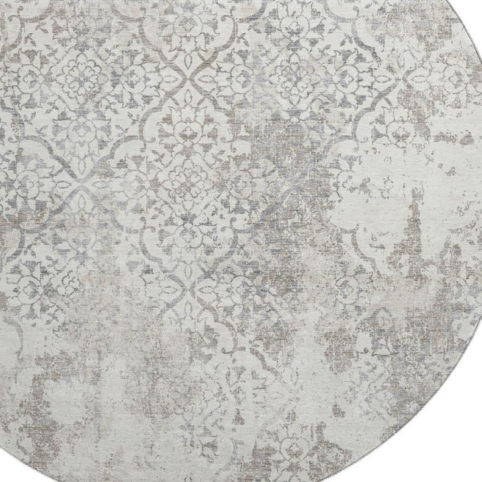 8' Abstract Washable Round Rug With UV Protection - Ivory And Gray