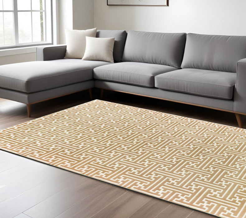 6.6' x 9.5' Geometric Power Loom Stain Resistant Area Rug - Gold And Ivory