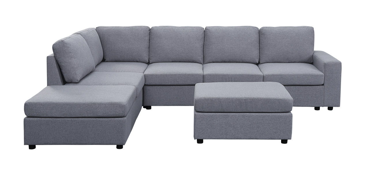 Cassia - 7 Seat Reversible Modular Sectional Sofa With Ottoman - Light Gray