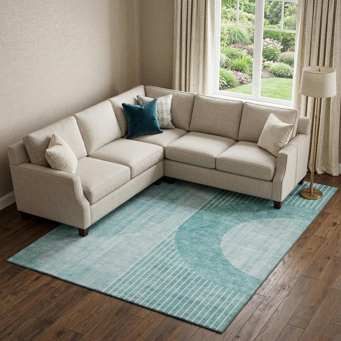 8' X 10' Geometric Washable Area Rug With UV Protection (655750) - Teal / Ivory