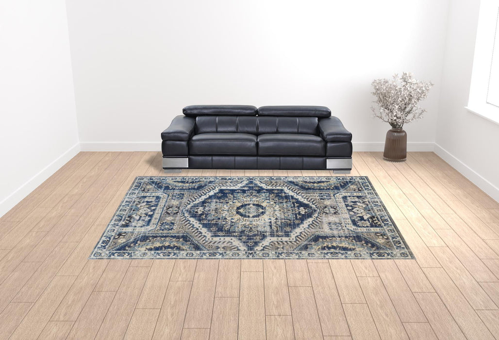 10' x 13' Abstract Power Loom Distressed Stain Resistant Area Rug - Blue And Ivory