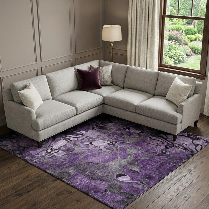 10' X 14' Abstract Distressed Washable Area Rug With UV Protection (649000) - Purple / Ivory