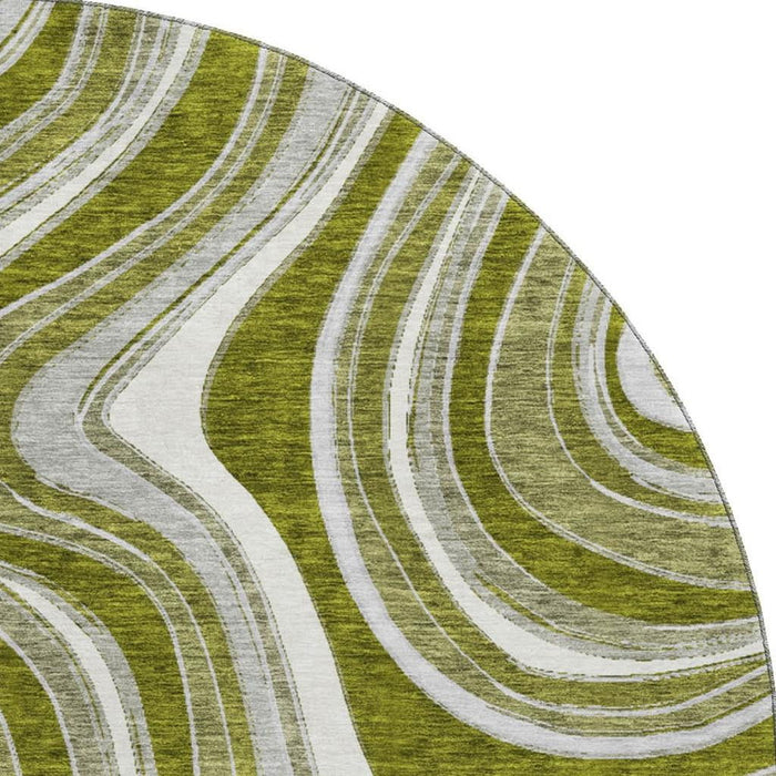 8' Marble Washable Round Rug With UV Protection - Olive Green
