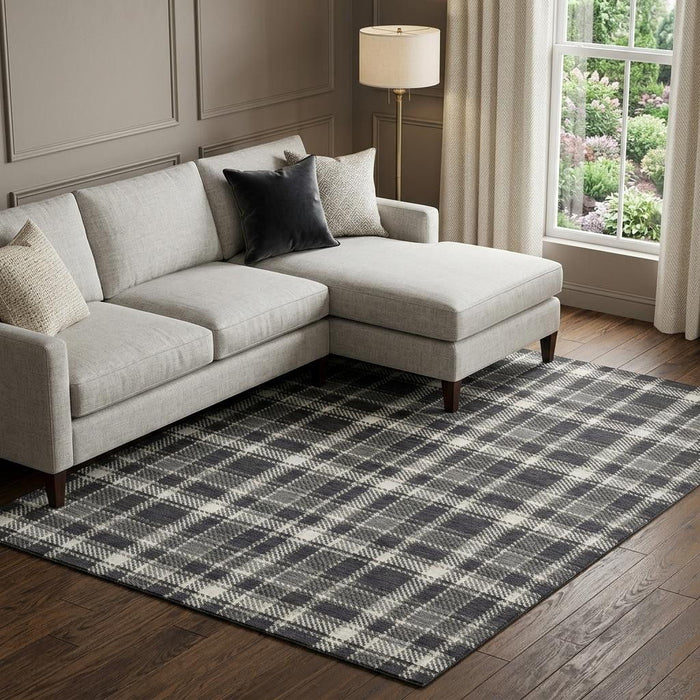 10' X 14' Plaid Washable Area Rug With UV Protection (649426) - Black / Ivory