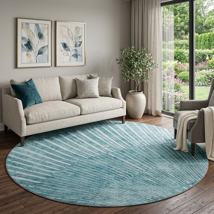 8' Geometric Washable Round Rug With UV Protection (648355) - Teal / Ivory